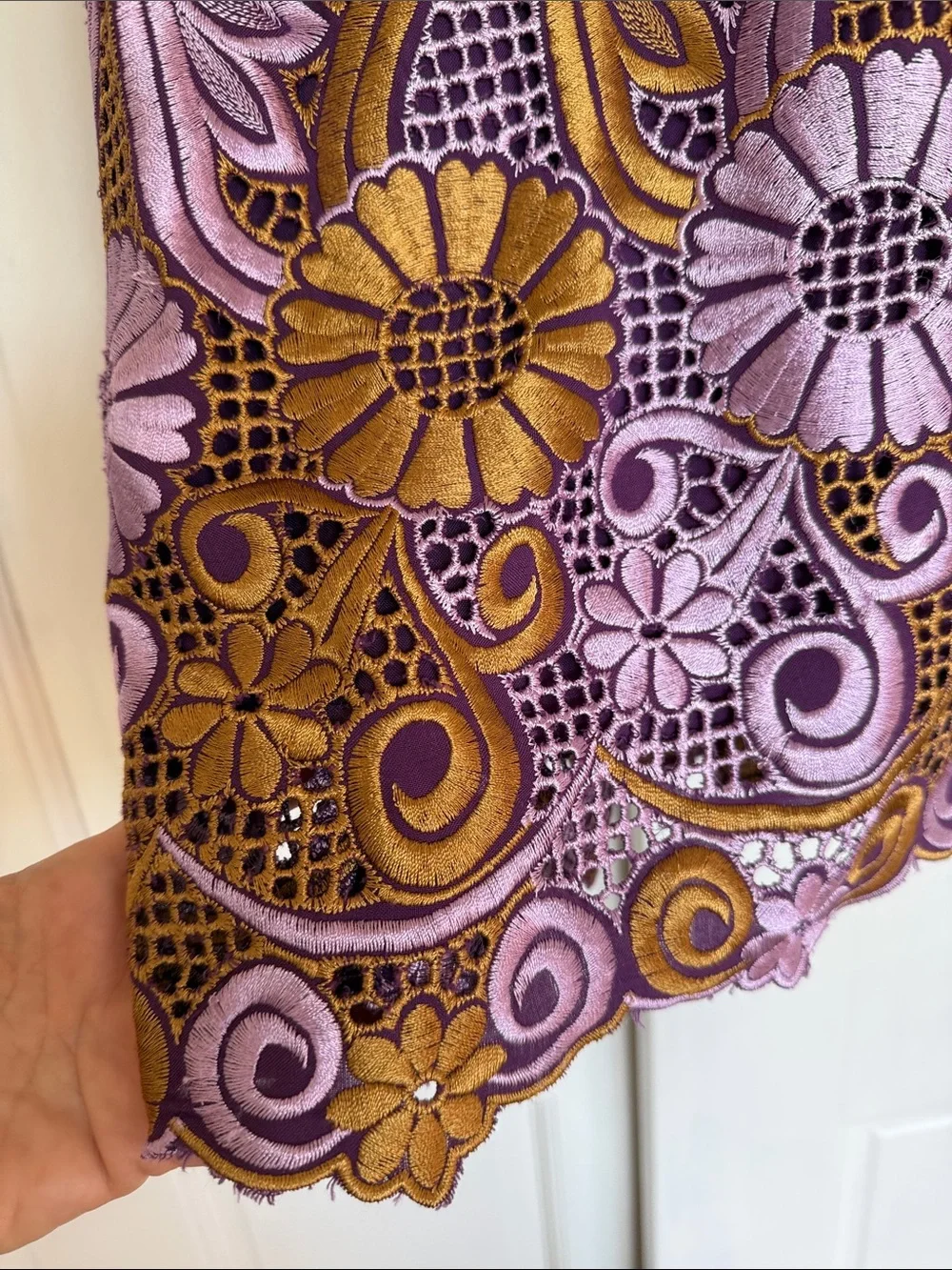 Anthropologie Purple and Mustard Embroidered Lace Halter Dress - Picture 7 of 9